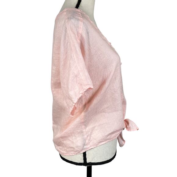 Vince Camuto Small 100% Linen Top Button-Up Dolman Sleeves V-Neck Tie Front Pink - Picture 3 of 7
